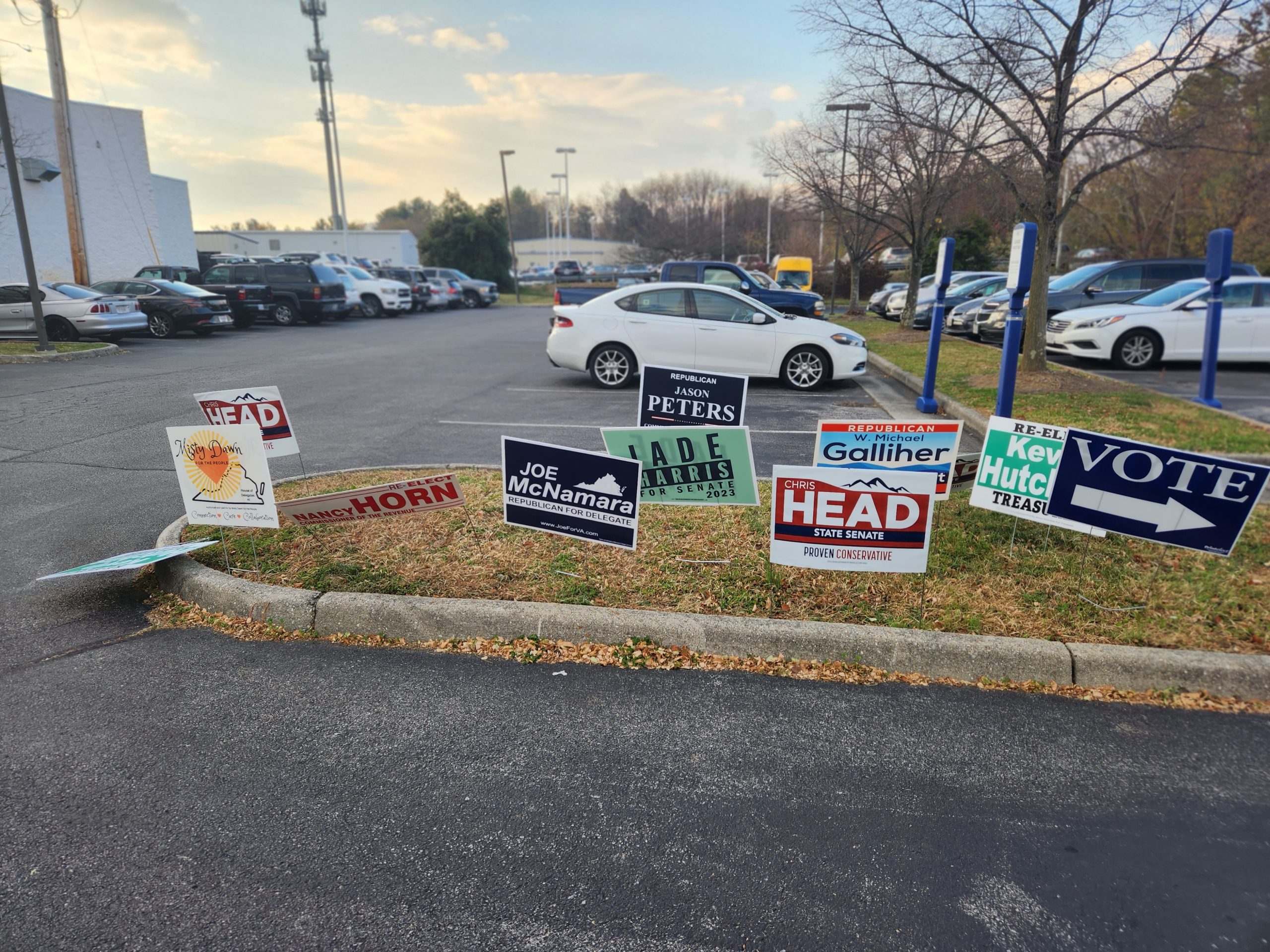 Signs at the Hollins precinct in Roanoke County. Photo by Dwayne Yancey.