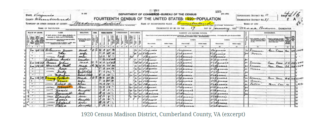 1920 Census Madison District, Cumberland County, VA (excerpt)