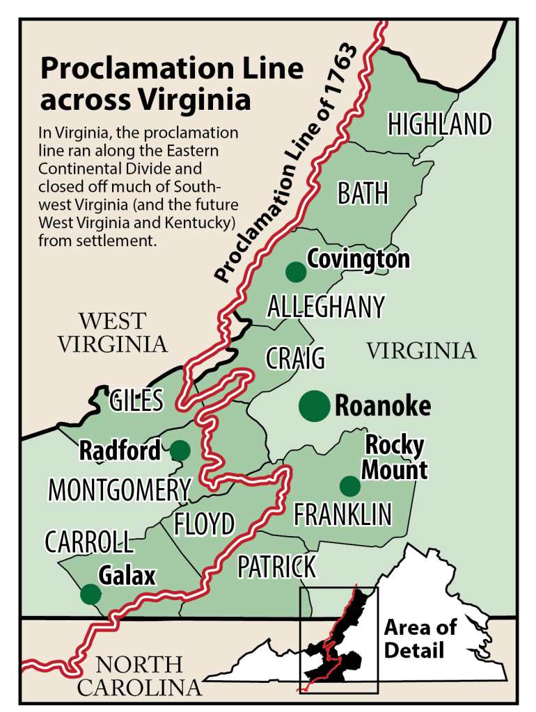 A close-up look at how the Proclamation Line of 1763 ran through Virginia. Map by Robert Lunsford.