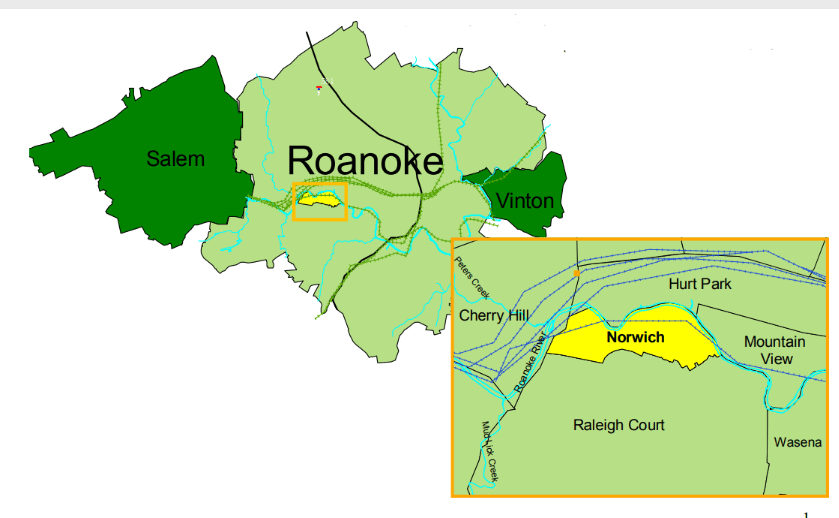 Norwich is a mostly industrial neighborhood in Roanoke along the Roanoke River. Courtesy City of Roanoke.