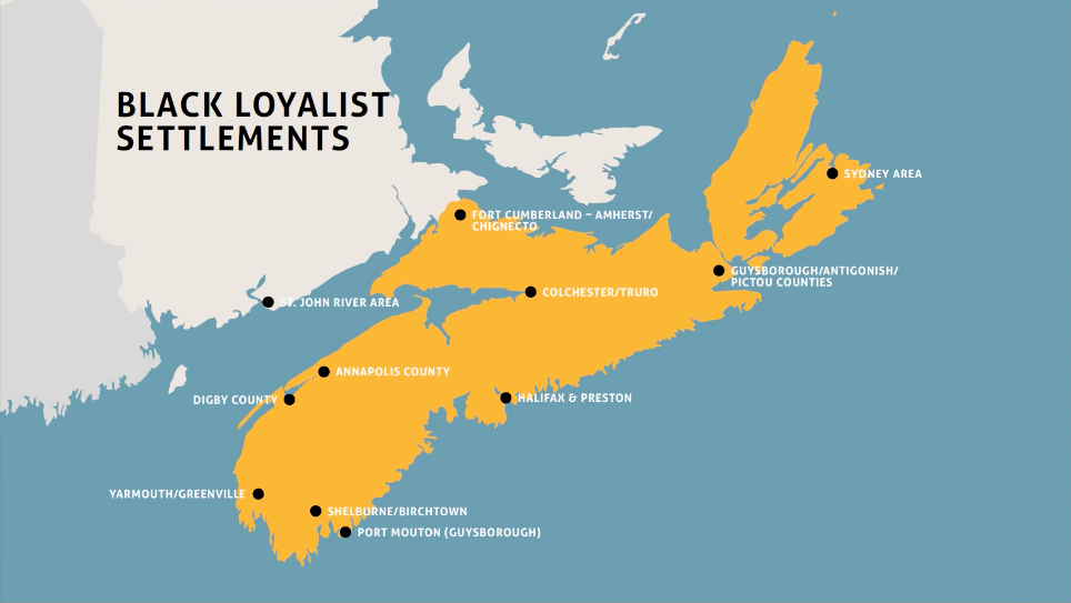 A map of Nova Scotia showing Black Loyalist settlements across the province. Image courtesy of the Black Loyalist Heritage Centre.