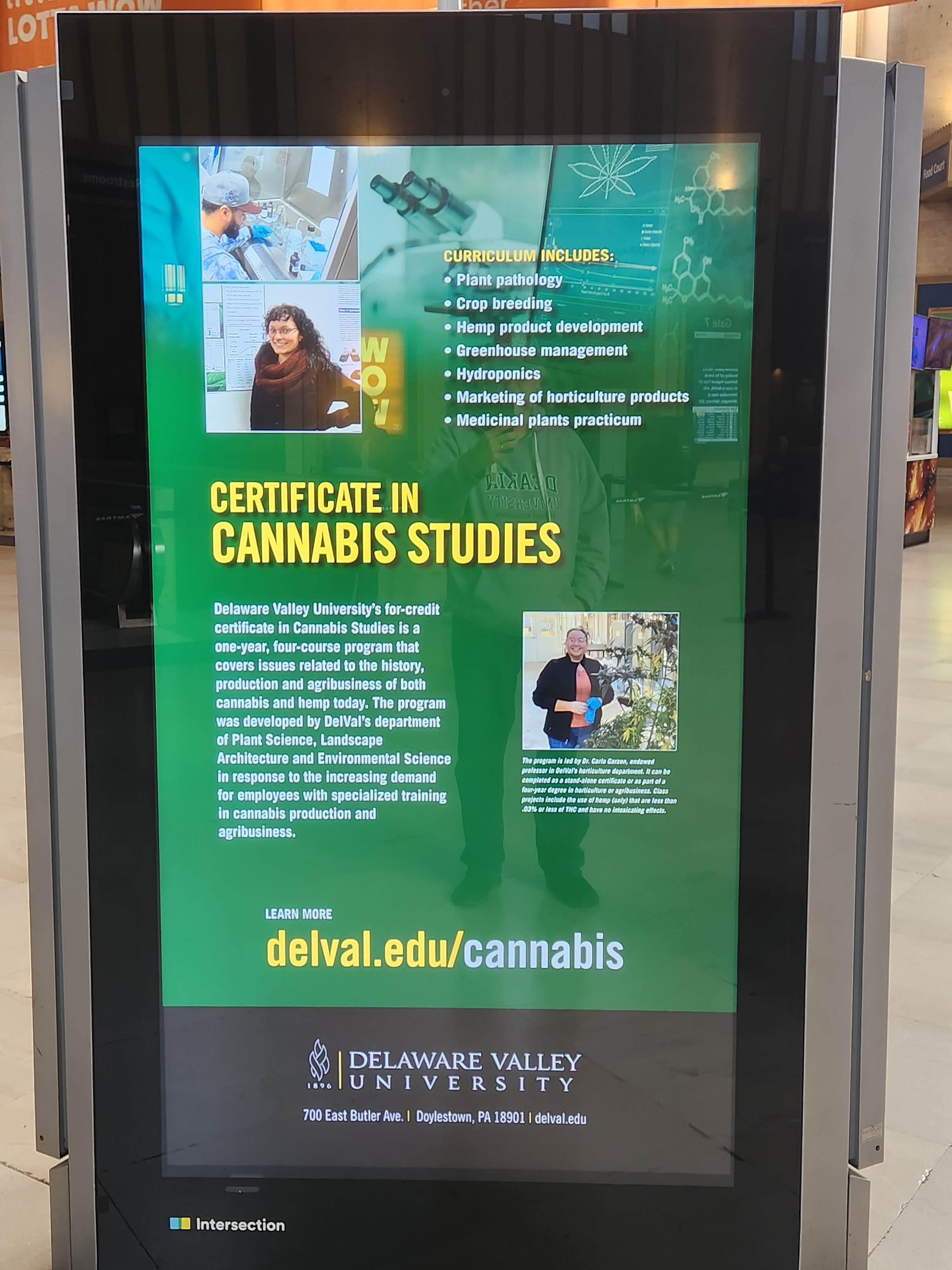 The sign for Delaware Valley University's cannabis program in the train station in Philadelphia. Photo by Dwayne Yancey.