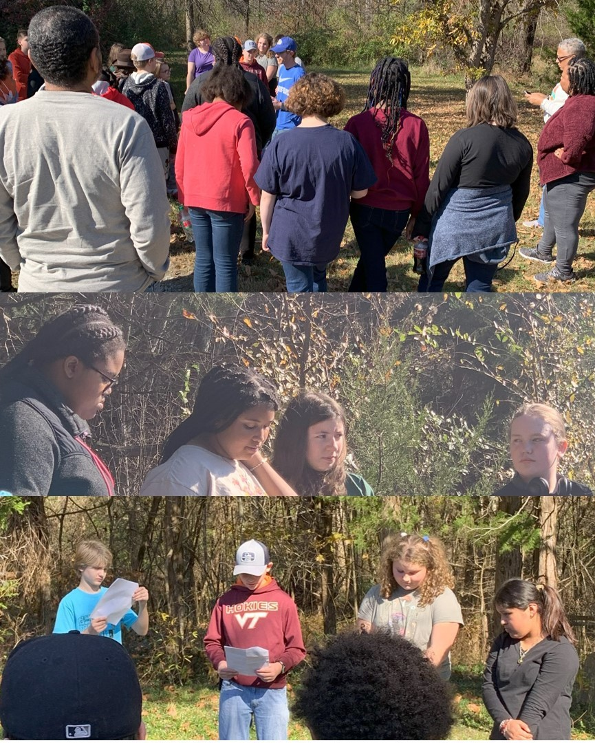 Upper Image: Students, teachers, descendants and guests at a Lucyville Field Trip Center image from left to right: Cloe Buckner, Solonna Robertson, Audrey Dickstien, and William DuFrain Lower image from left to right: Xavier Bland, Roger Jamerson, Alana Jackson-Lewis, and Marlie Alverez. Courtesy of Lewis Longenecker.