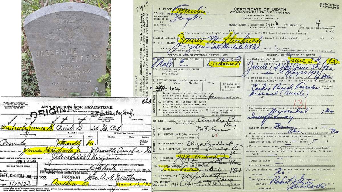 Josephine V. Hendrick grave marker (Photo Credit: Lew Longenecker), 1933 James M. Hendrick application for headstone & 1933 James M. Hendrick death certificate 