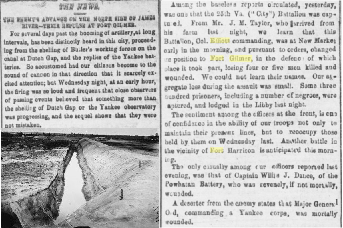 Richmond Whig, September 30, 1864 (Excerpt from Virginia Chronicle) and  Petersburg, Virginia. Earthworks in front of Petersburg: The 27 foot ditch at Fort Gilmer, Guard against Federal mines (Library of Congress) 