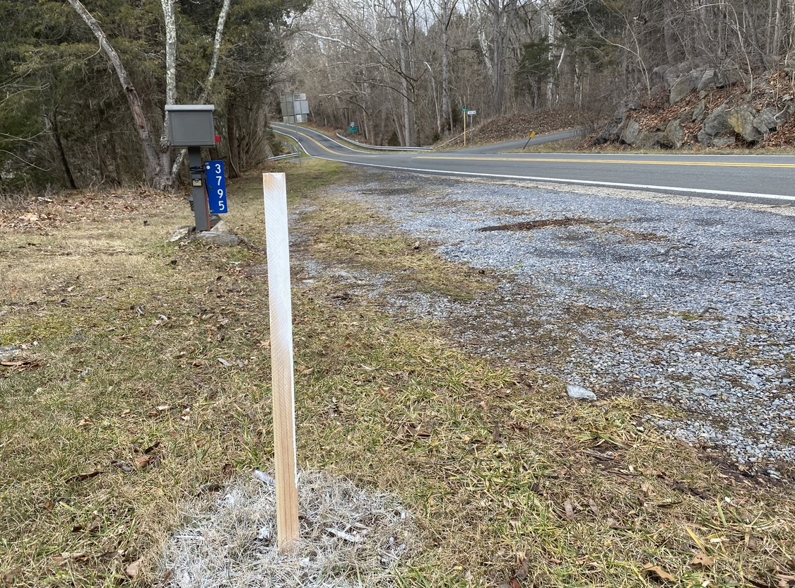 A temporary post at the Hopkins’ home will eventually become the highway marker commemorating Cedar Grove. Photo by Shauna Muckle.