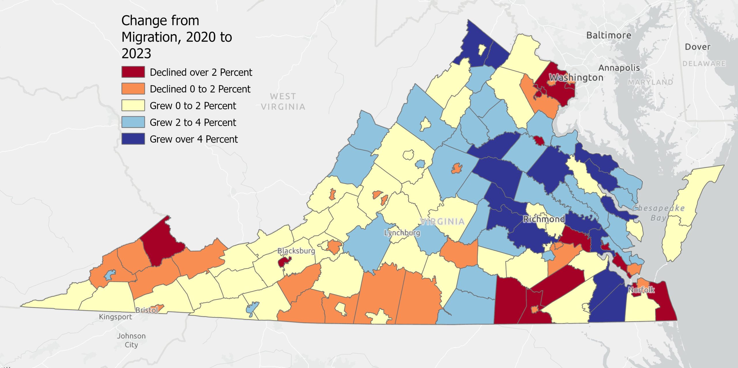 This map shows which localities have seen more people move in than move out — or vice versa. Note that a county might see more people moving in but still lose population because deaths outnumber births — and the net in-migration. Courtesy of Weldon Cooper Center for Public Service, University of Virginia.