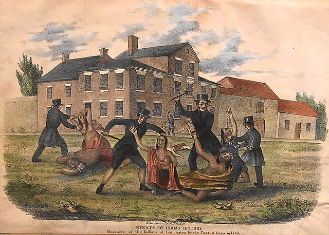 19th century lithograph of the Paxton Boys' massacre of the Indians at Lancaster, Pennsylvania. This lithograph tells the story of the 1763 attack by the Paxton Gang against the local tribe of Susquehannock peoples, called "Conestogas" by the English. This print was created 78 years after the fact, demonstrating the lasting effect the event had on future generations.