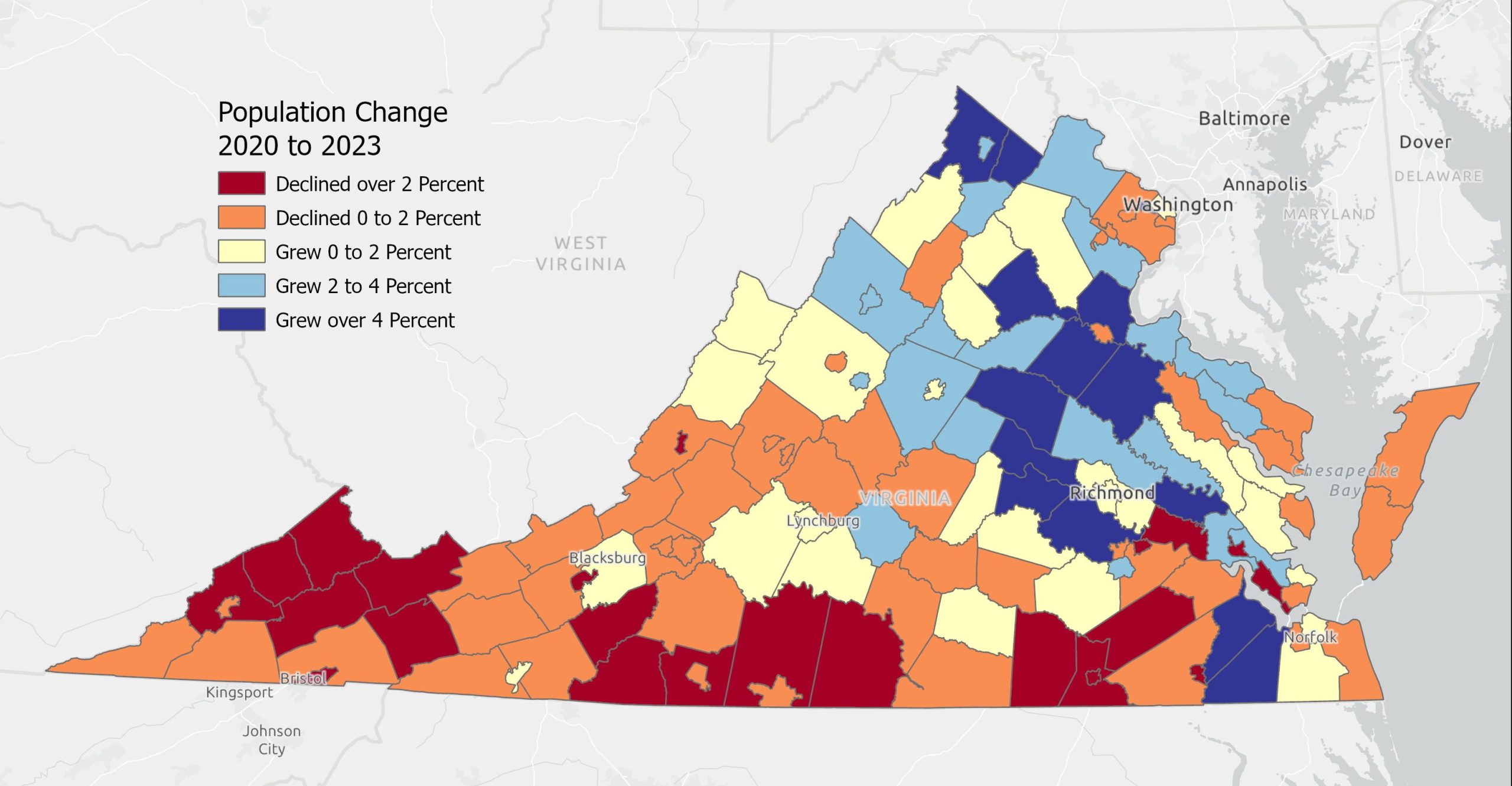 How Virginia's population has changed from 2020 to 2023. Courtesy of Weldon Cooper Center for Public Service, University of Virginia.