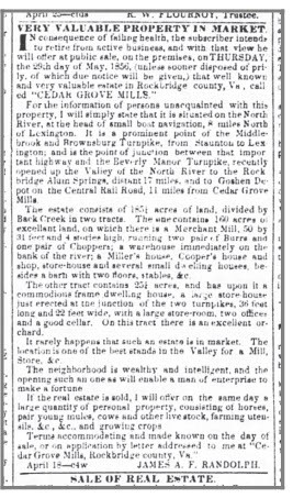 An 1856 for-sale advertisement of Cedar Grove Mill in the Richmond Enquirer describes Cedar Grove as a “wealthy and intelligent” community. Photo courtesy of Larry Spurgeon