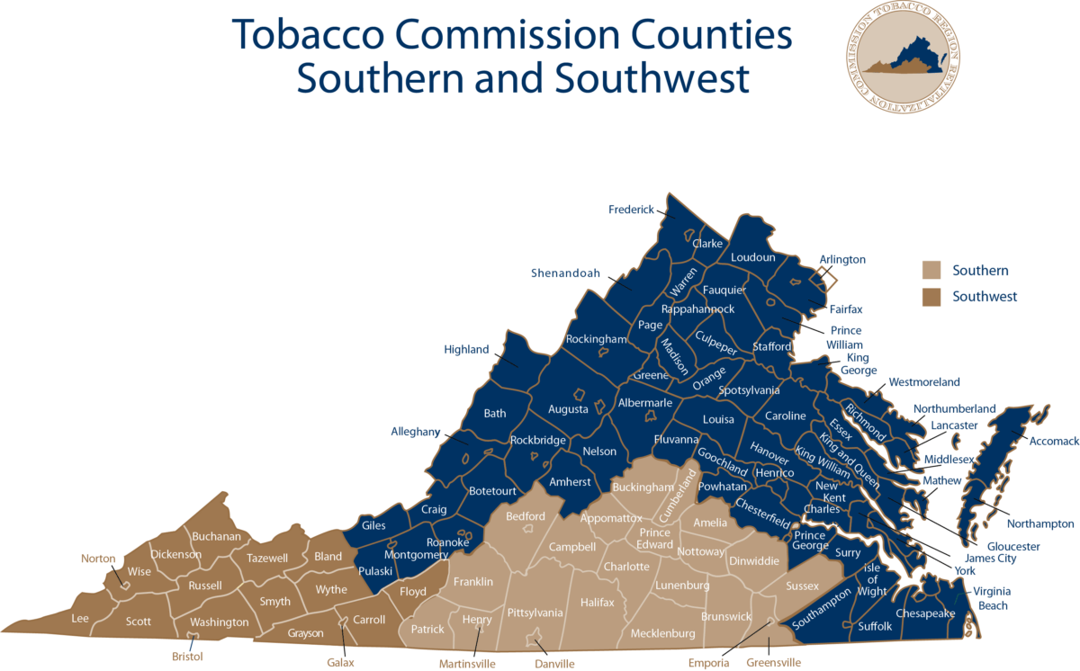 A map of Virginia showing the localities included in the Tobacco Commission region.