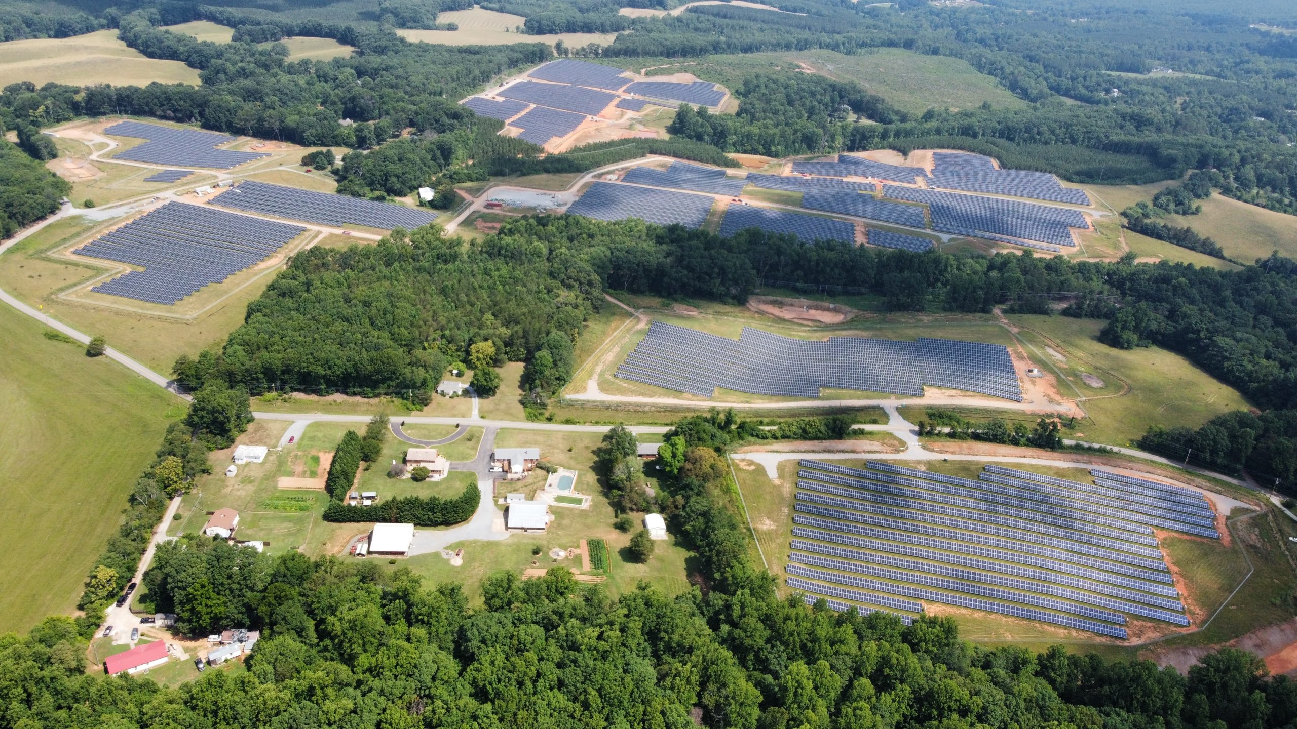 An aerial view of a solar farm in Campbell County, Virginia.