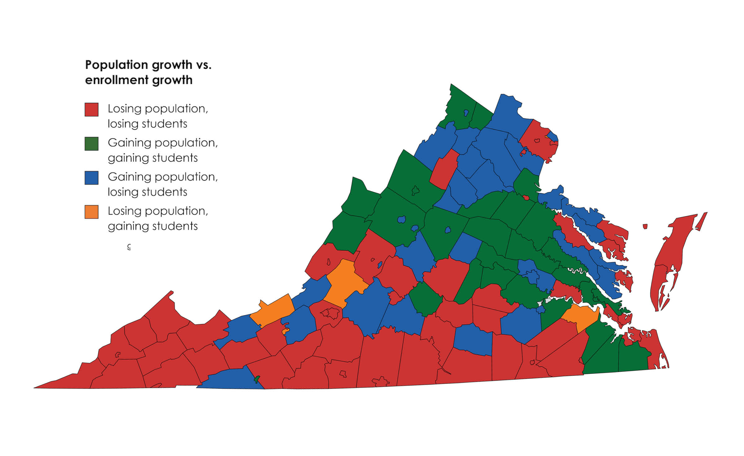 This map shows how population growth or loss matches enrollment growth or loss. 