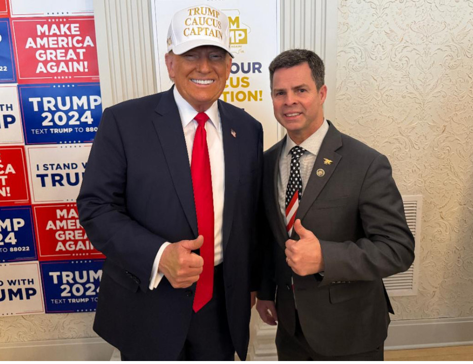 Former President Donald Trump in Iowa with state Sen. John McGuire, R-Goochland County. Courtesy of McGuire.