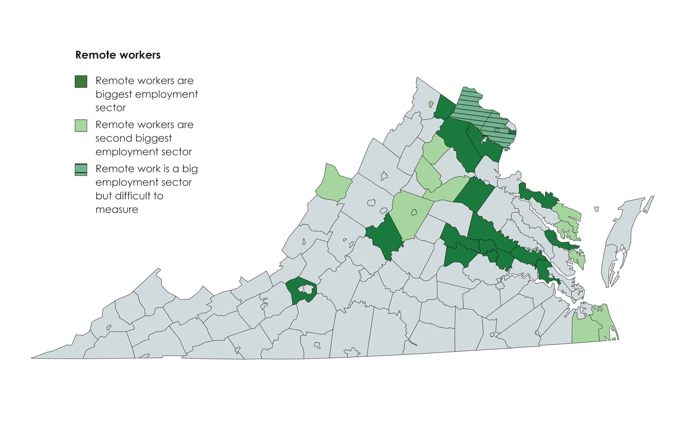 This map shows counties and cities were remote workers appear to constitute either the biggest or second biggest sector of the workforce. Data from the U.S. Census Bureau, courtesy of Weldon Cooper Center for Public Service.