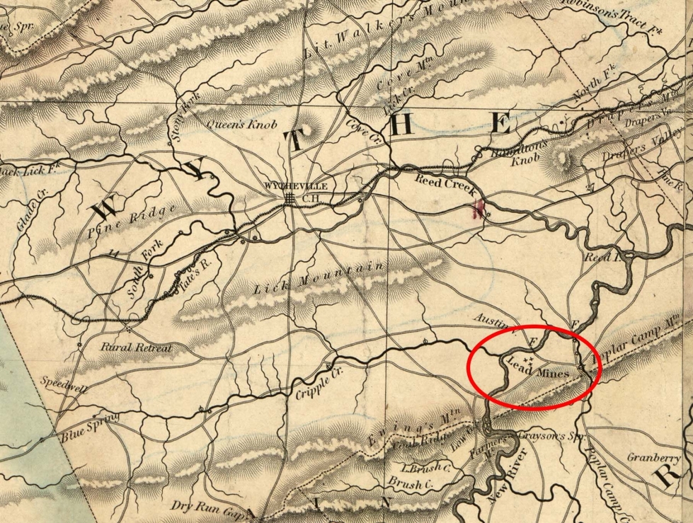 An 1859 map of Virginia shows the location of the lead mines along the south bank of the New River in southern Wythe County. Library of Congress, Geography and Map Division.