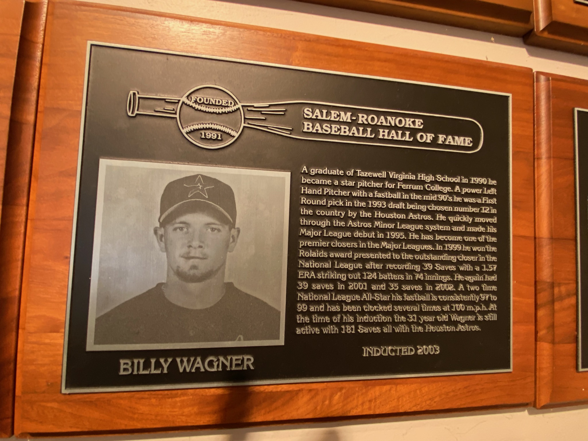 Billy Wagner's plaque in the Salem-Roanoke Baseball Hall of Fame. Photo by Robert Anderson.