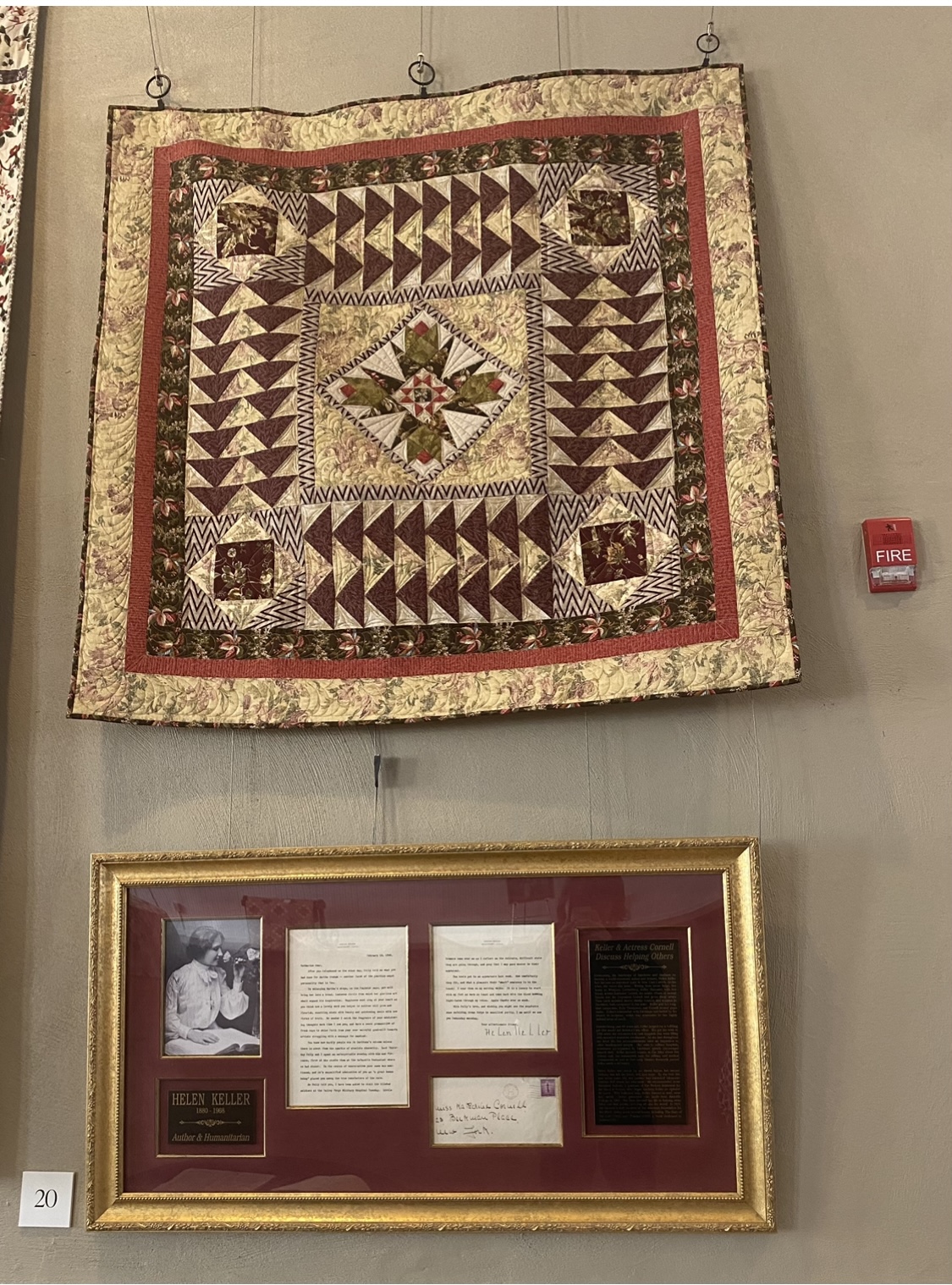Hellen Keller’s portion of the exhibit includes a signature from Keller and a custom quilt that is three-dimensional. Photo by Shauna Muckle