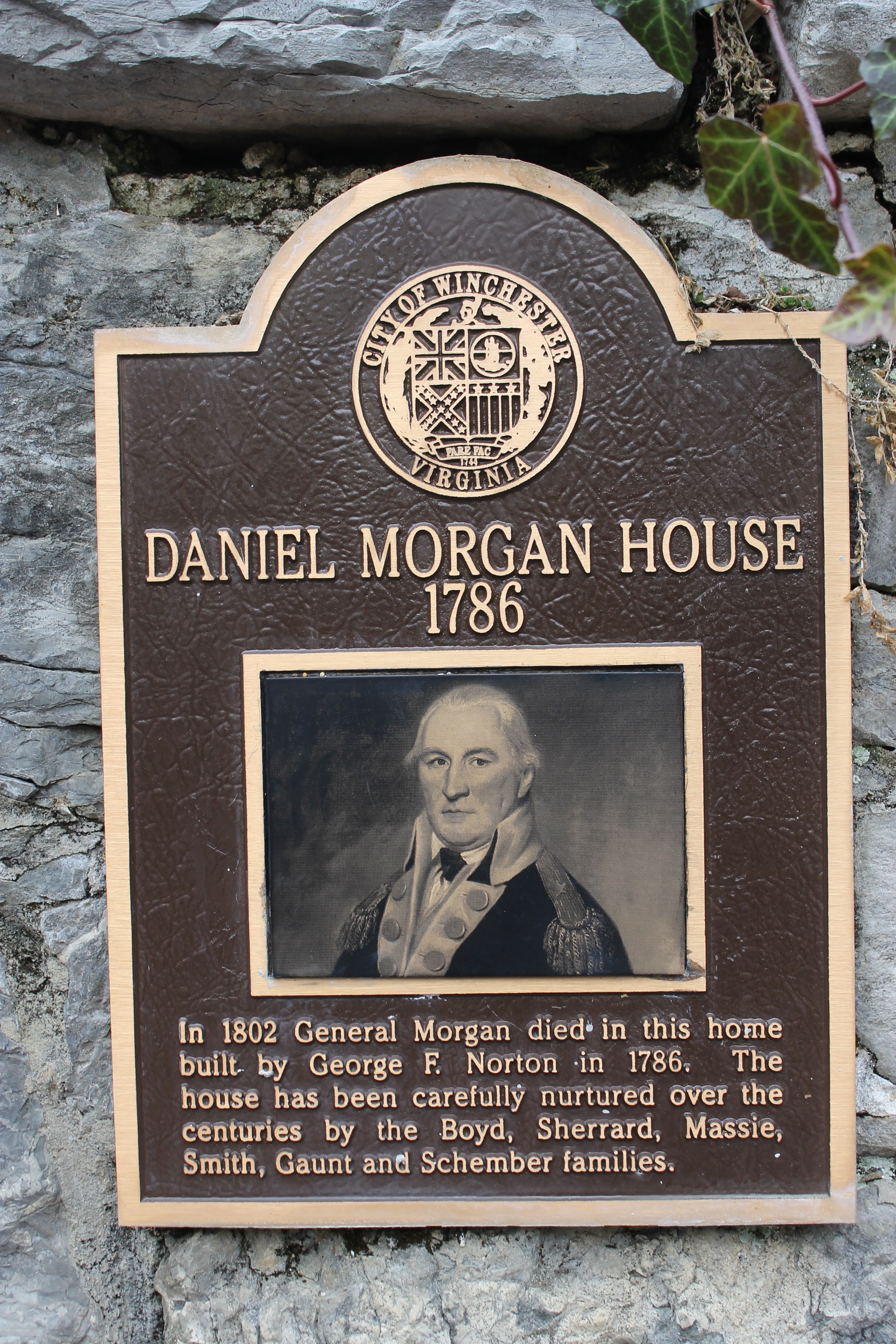 1. A plaque on a stone wall in front of the Daniel Morgan House in Winchester, now owned byJeanne and George Schember
