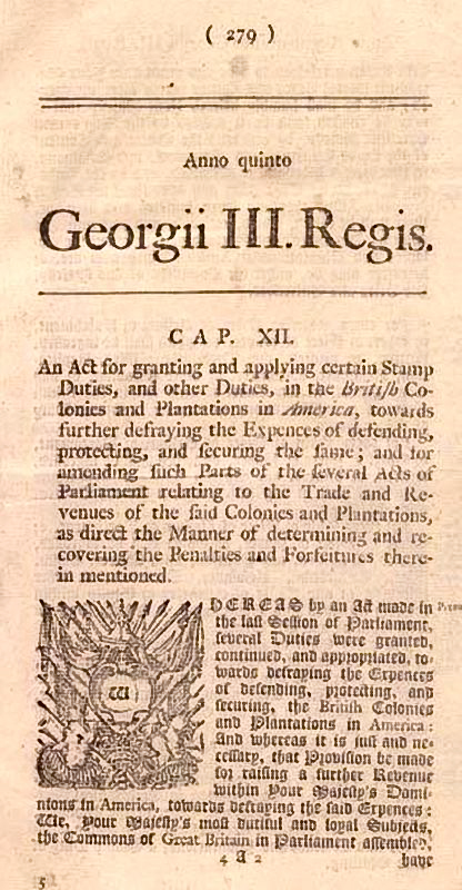 A newspaper posting of the Stamp Act in 1765. Courtesy of Library of Congress.