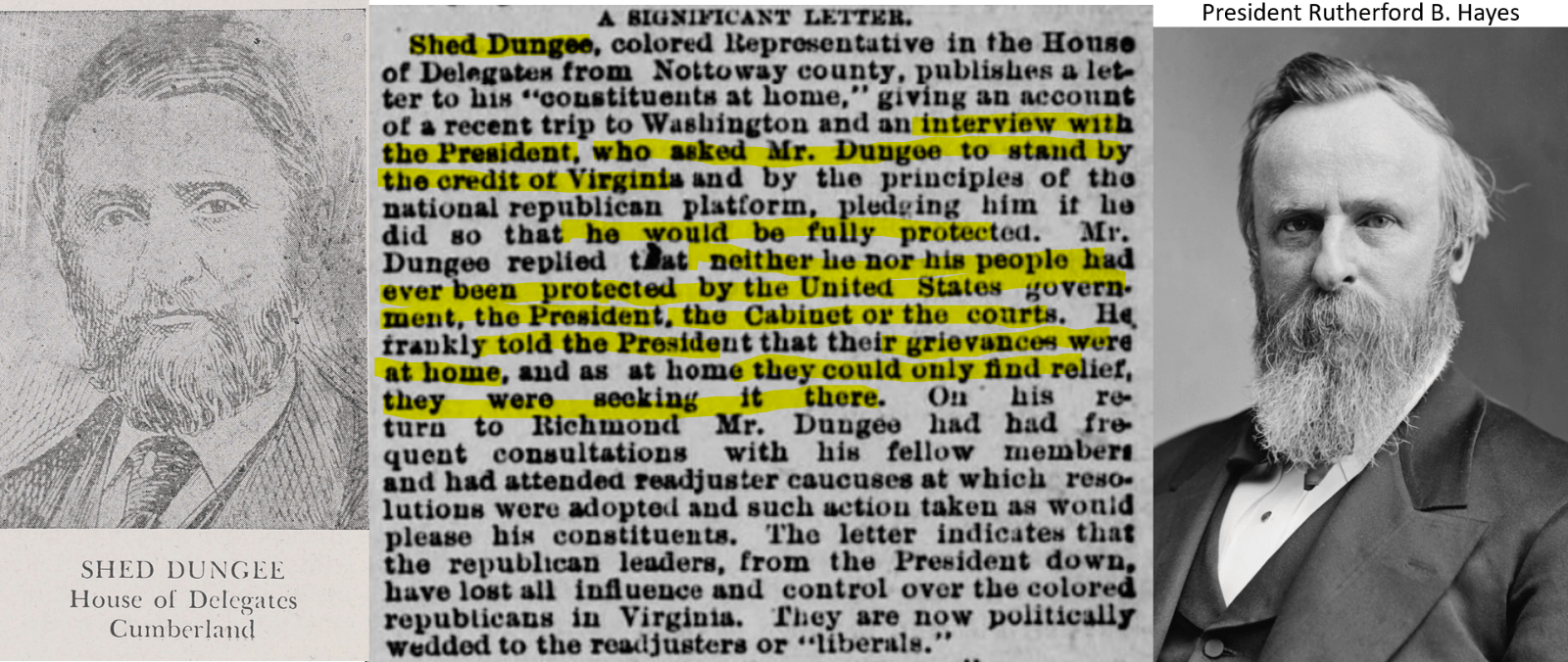 Shed Dungee Photo Credit (Encyclopedia Virginia), New York Herald Newspaper Excerpt (Chronicling America) and Rutherford B. Hayes Photo Credit (The White House)