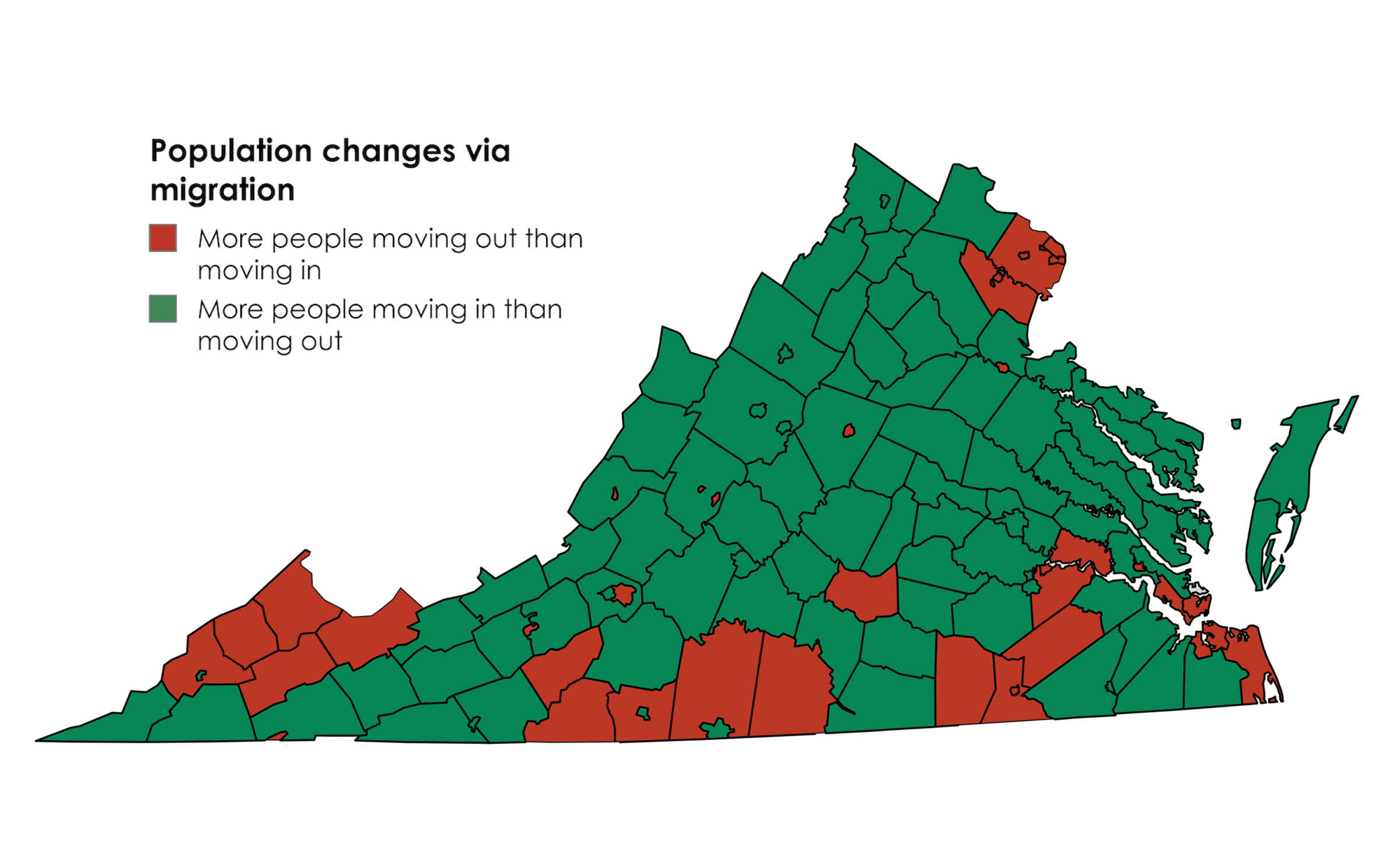 This map shows which localities seeing more people move in than move out since the last census. Note that localities gaining newcomers might still lose population overall because deaths might outnumber births and net in-migration. Data source: Weldon Cooper Center for Public Service, the University of Virginia.