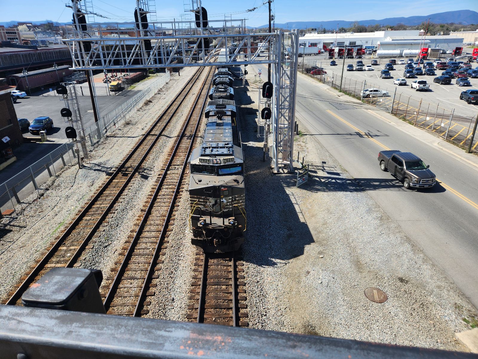 A Norfolk Southern train in downtown Roanoke.