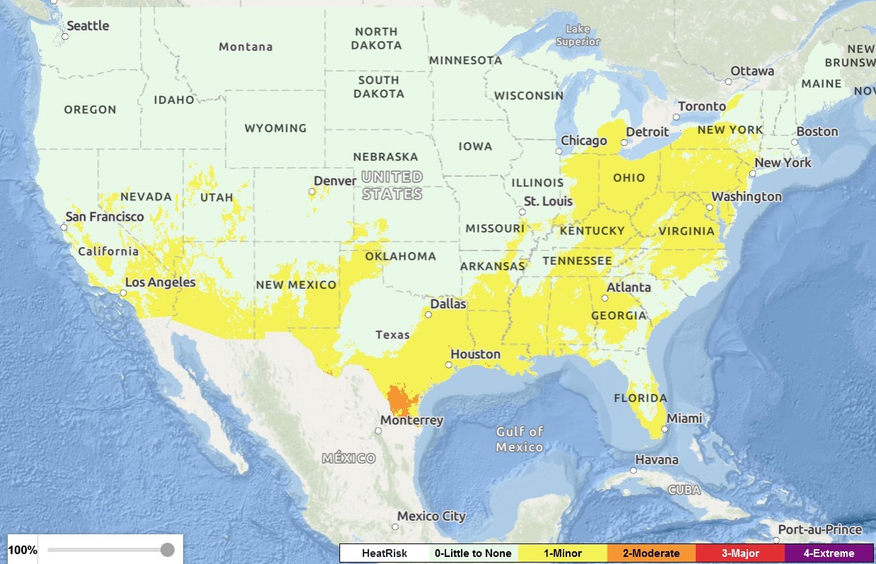 A sample of the National Weather Service's new HeatRisk map, this one for Monday. Courtesy of National Weather Service.