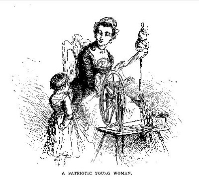 An 1877 depiction of the Colonial boycott of British goods, which relied on American women to produce clothing and other goods. Courtesy of Our Country: A Household History for All Readers.