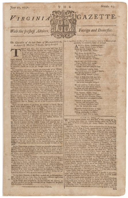 The Virgina Gazette. Courtesy of Colonial Williamsburg Foundation.