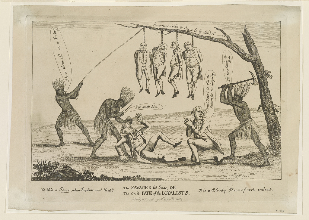 This etching depicts how Loyalists saw Patriots. The Library of Congress says: Cartoon shows three Natives, representing America, murdering six loyalists, four are being hung, one is about to be scalped, and the last, appealing to Fate, is about to be killed by an ax-wielding Native."
