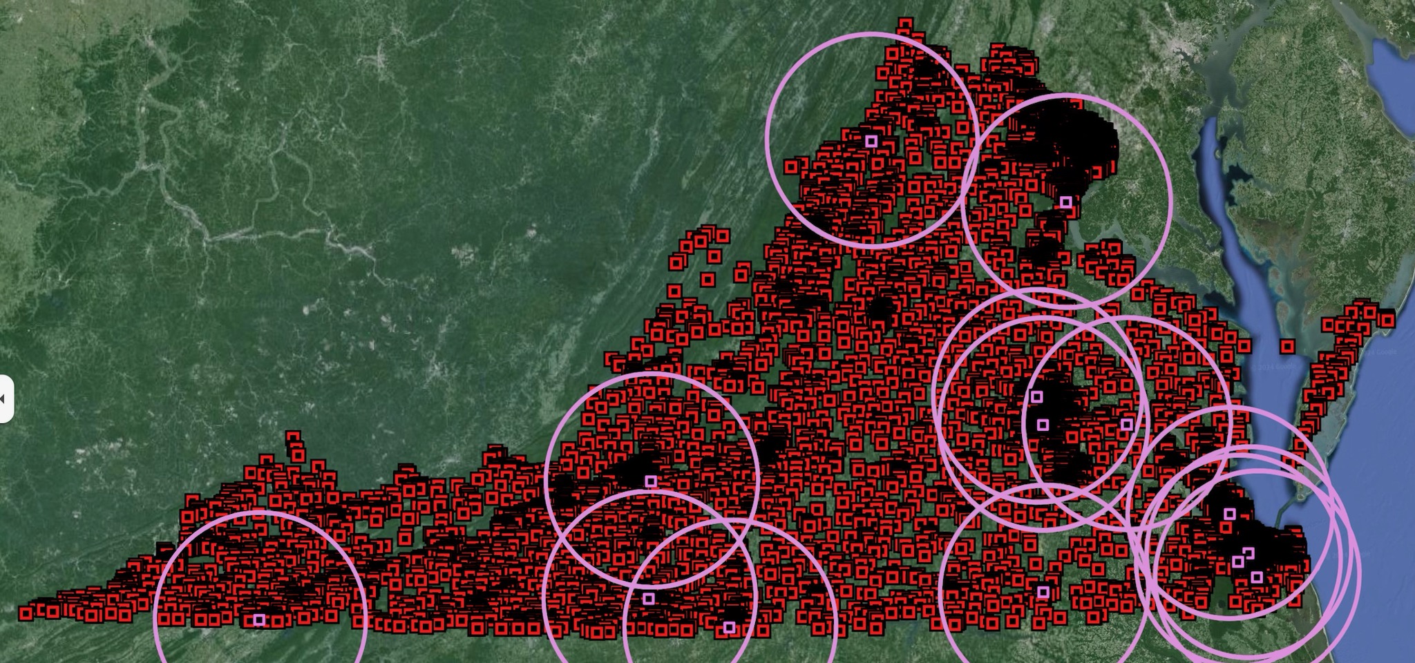 The red dots are exclusion zones are schools, churches and day care centers. The big circles are exclusion zones around casinos, racetracks and the Rosie's gaming facilities. Courtesy of state Sen. Bill Stanley.
