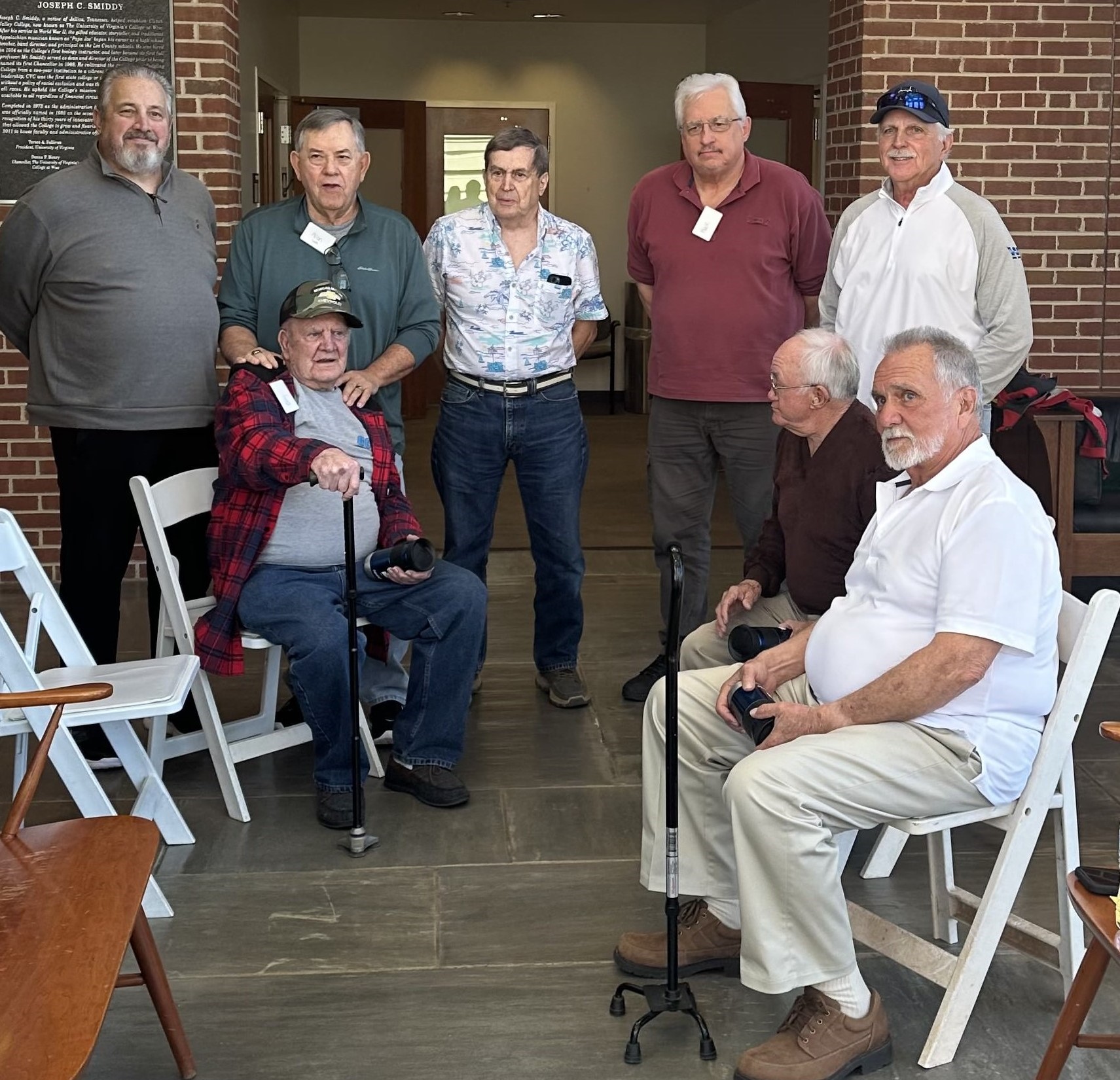 From left to right, Gary Whisman, Allen Wolfe, Bill Person (seated), Gerald Tate, Mack Wright, Matt Smith, Hughie Carter (seated), and J.R. Kimberlin (seated) are among a group of local retired rescue miners who recently attended a History Harvest at University of Virginia’s College at Wise to share their stories about mine rescues from the Westmoreland Coal Company’s Stonega Division from 1976 to 1992. Rescue miners Person, Wolfe, Tate, Smith, and Kimberlin all worked the two Scotia Mine explosions in 1976. Courtesy of UVA-Wise.
