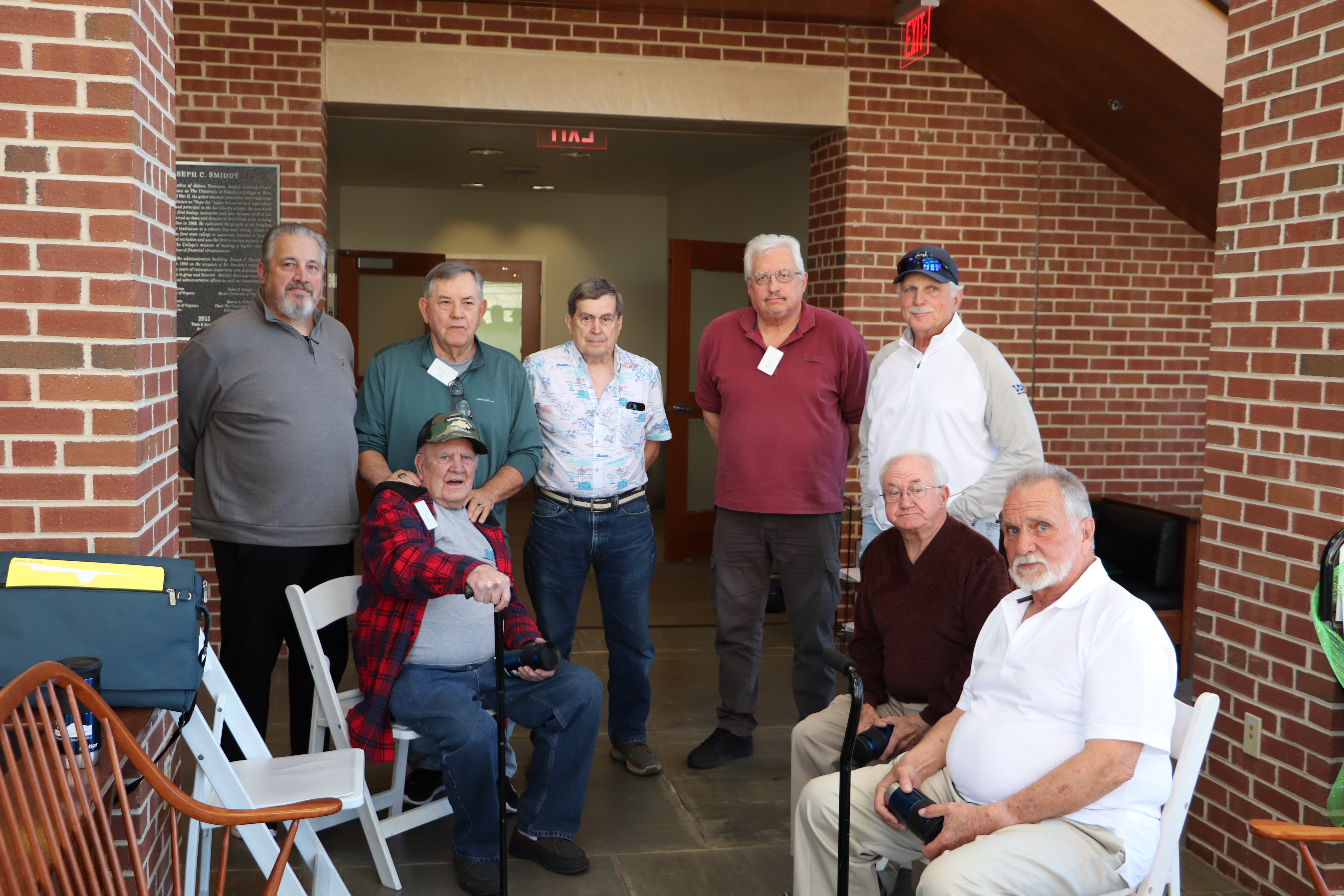 Modern photo:  left to right… Gary Whisman, Bill Person (sitting), Allen Wolfe, Gerald Tate, Mack Wright, Matt Smith, Hughie Carter (seated), and J.R. Kimberlin (seated). Courtesy of UVA Wise.