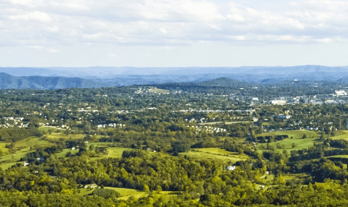 An aerial view of the Toms Creek Basin, a part of Blacksburg that is largely fields and forests.