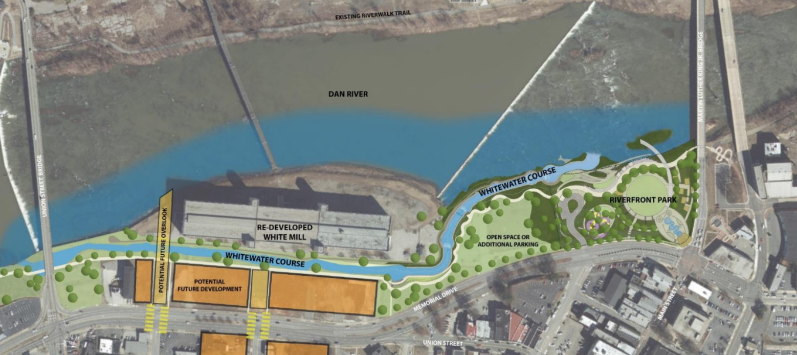 An aerial view of Danville's ongoing and anticipated riverfront projects.