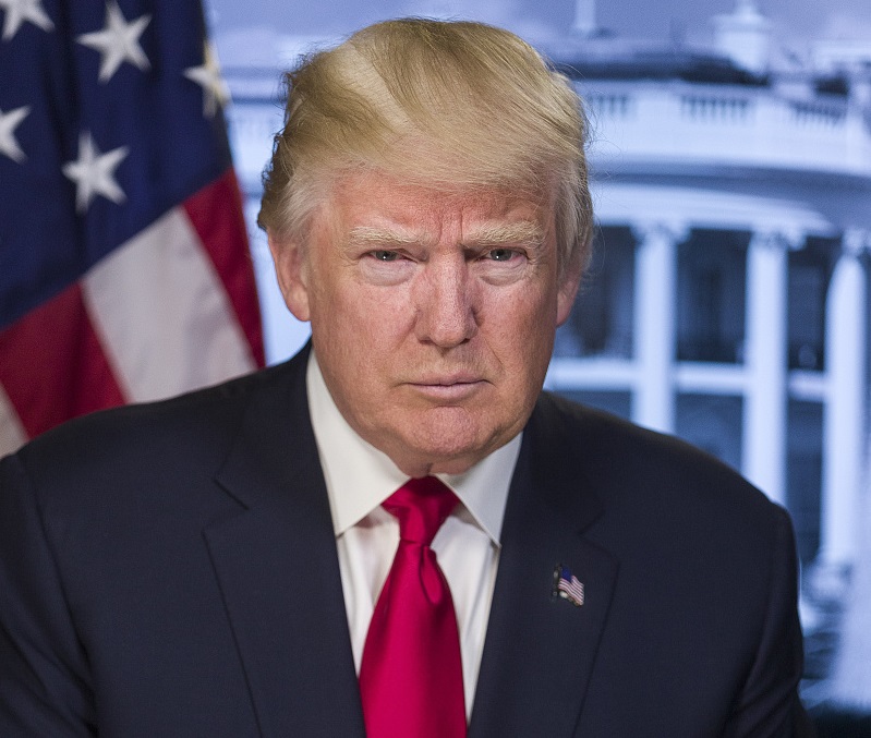 Portrait of Donald Trump in a blue jacket and red tie.