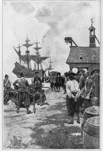 A 1901 engraving depicting the arrival of the first Africans at Jamestown in 1619. Public domain.