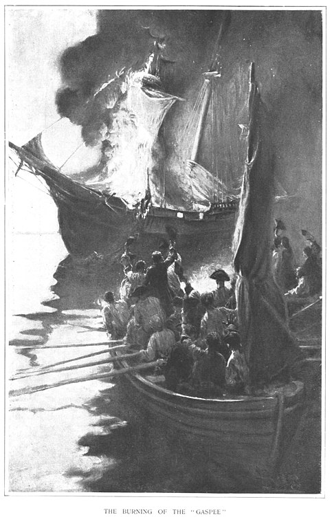 The burning of The Gaspee, as depicted in Harper's New Monthly Magazine, 1883. Public domain.