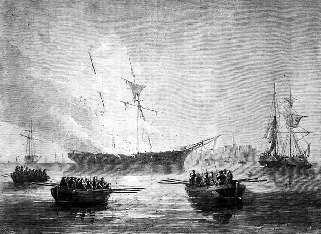 The burning of The Gaspee in 1772 as depicted in "Cassell's Illustrated History of England, Volume 5" in 1865. Public domain.