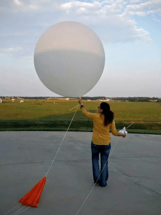Radiosonde instrumentation launched by weather balloon is one way of gathering upper air data for weather forecasting, but there are only two launches per day at weather service offices separated by hundreds of miles, leaving much missing data in between. Courtesy of National Weather Service.