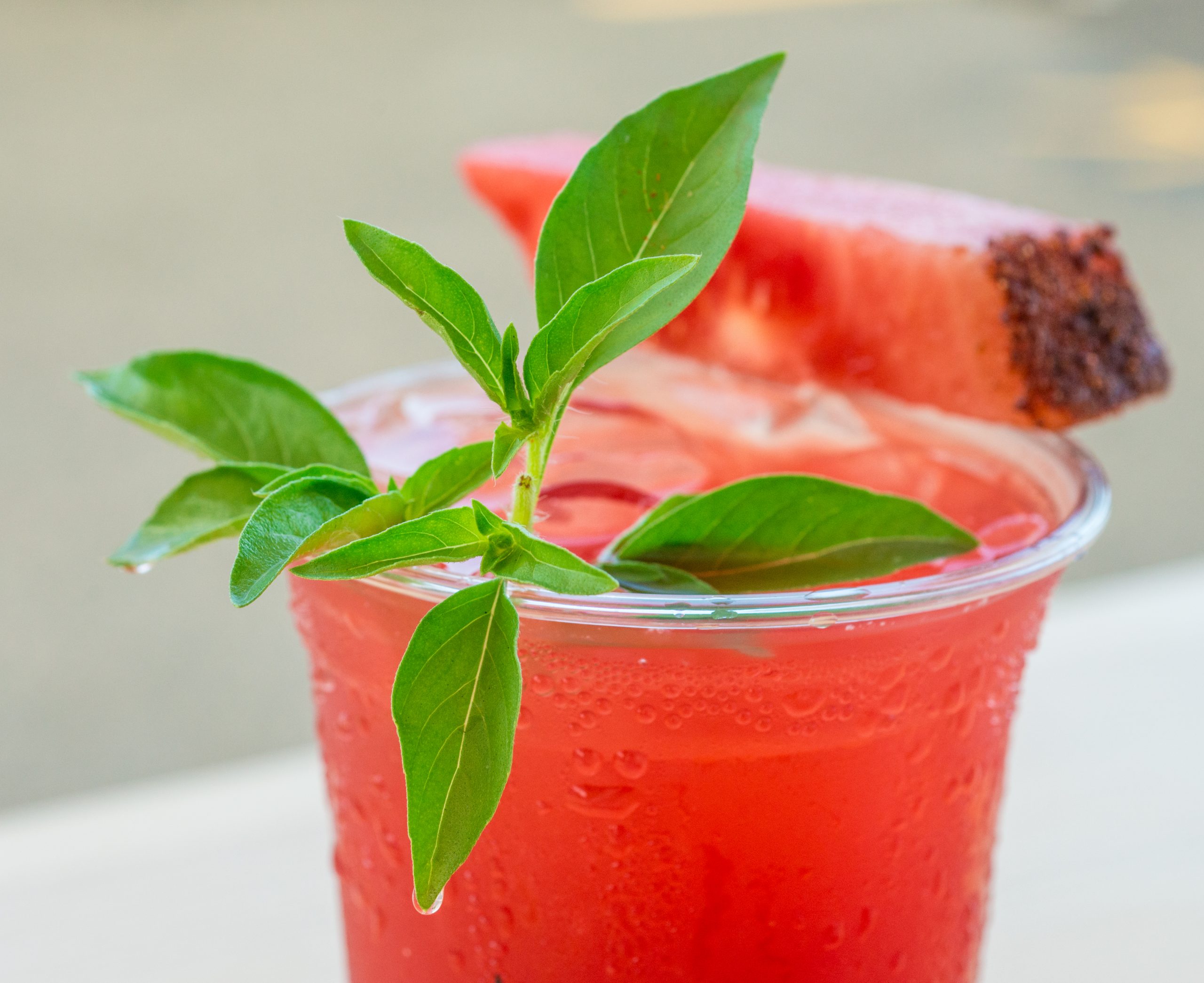 A pink cocktail in a plastic cup, garnished with green leaves.