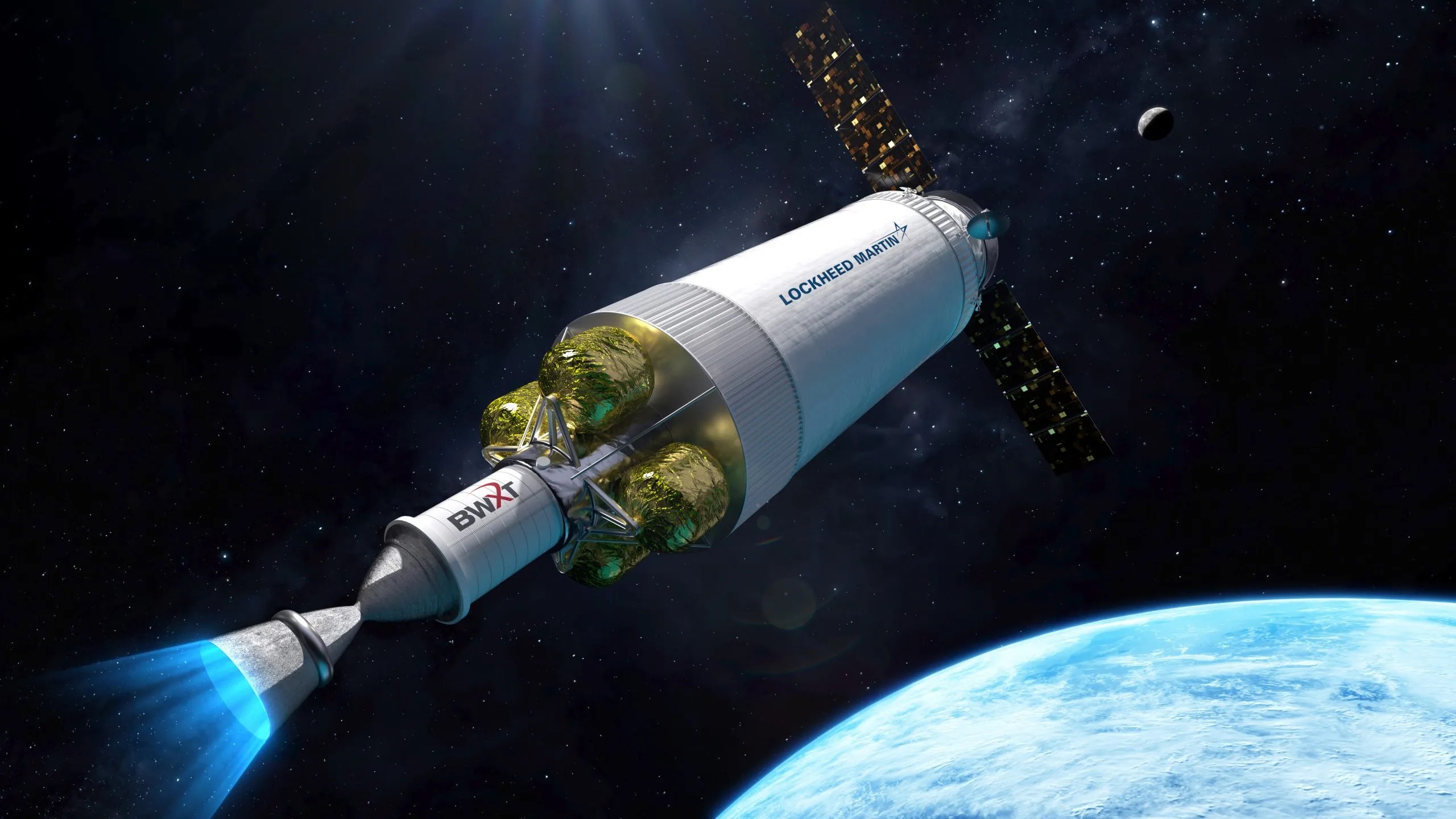 Illustration of a rocket in space.