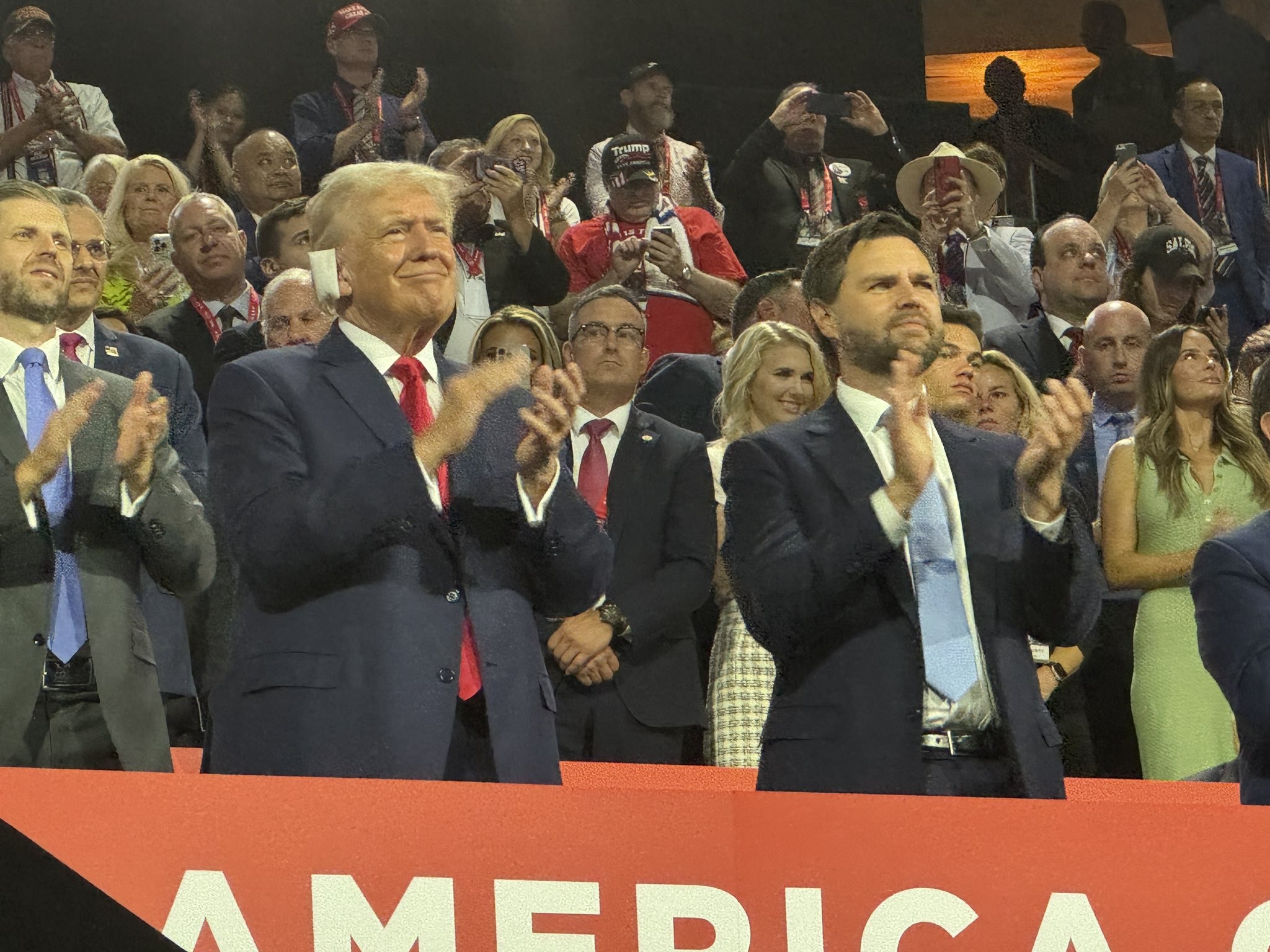 Former President Donald Trump, the Republican presidential nominee, and his running mate, Sen. JD Vance, R-Ohio, at the RNC Convention in Milwaukee on Tuesday.