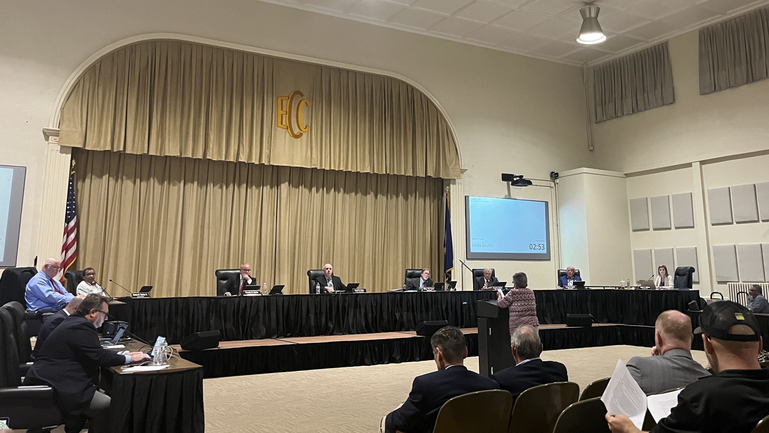 A woman stands at a podium in front of the Pittsylvania County Board of Supervisors.