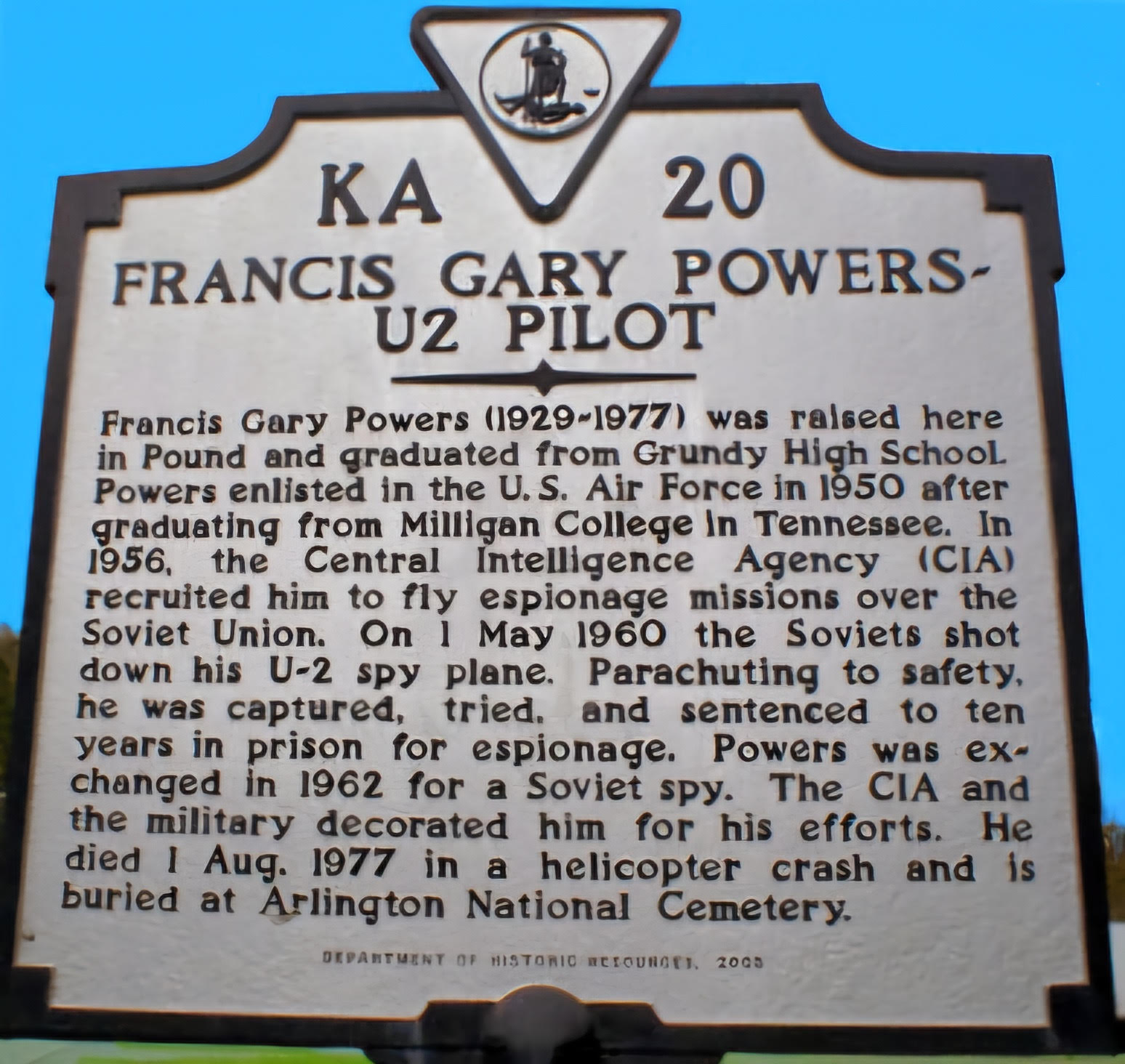 Historical marker about Francis Gary Powers in Wise County. Photo courtesy of Jack Kennedy.