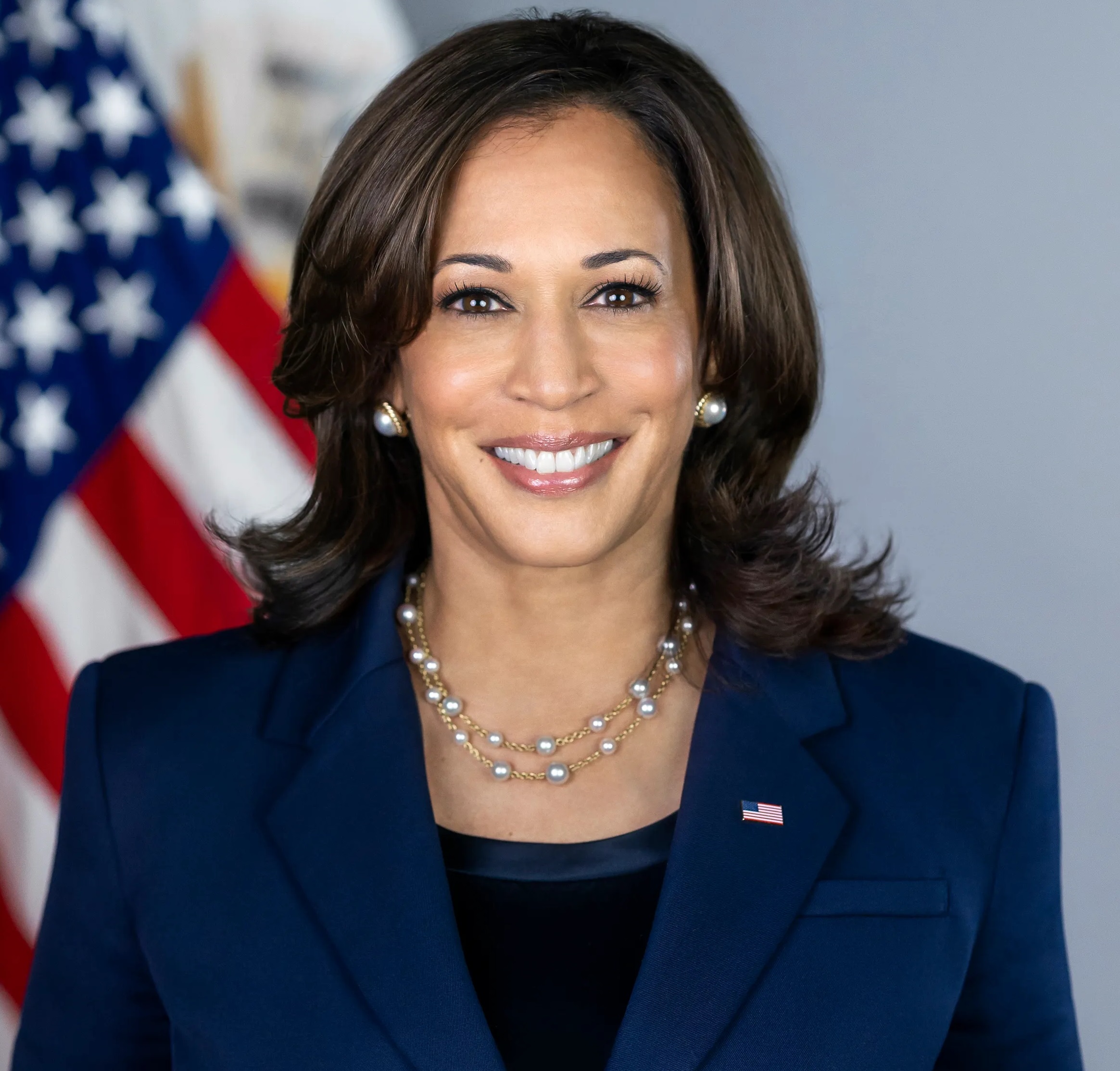 Portrait of Kamala Harris standing in front of an American flag.