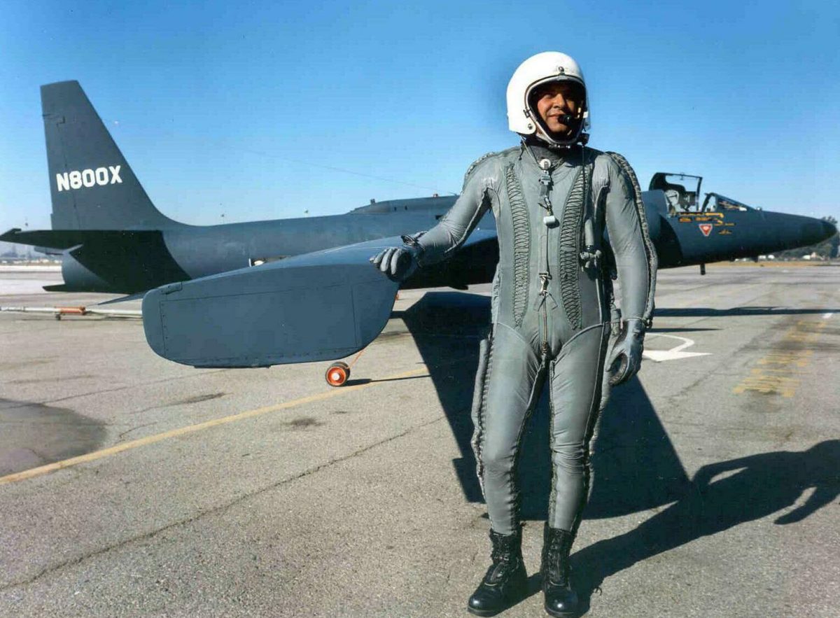 Francis Gary Powers with a U2 spyplane like the one he flew on May 1, 1960, when he was shot down over Russia. Courtesy of U.S. Air Force.