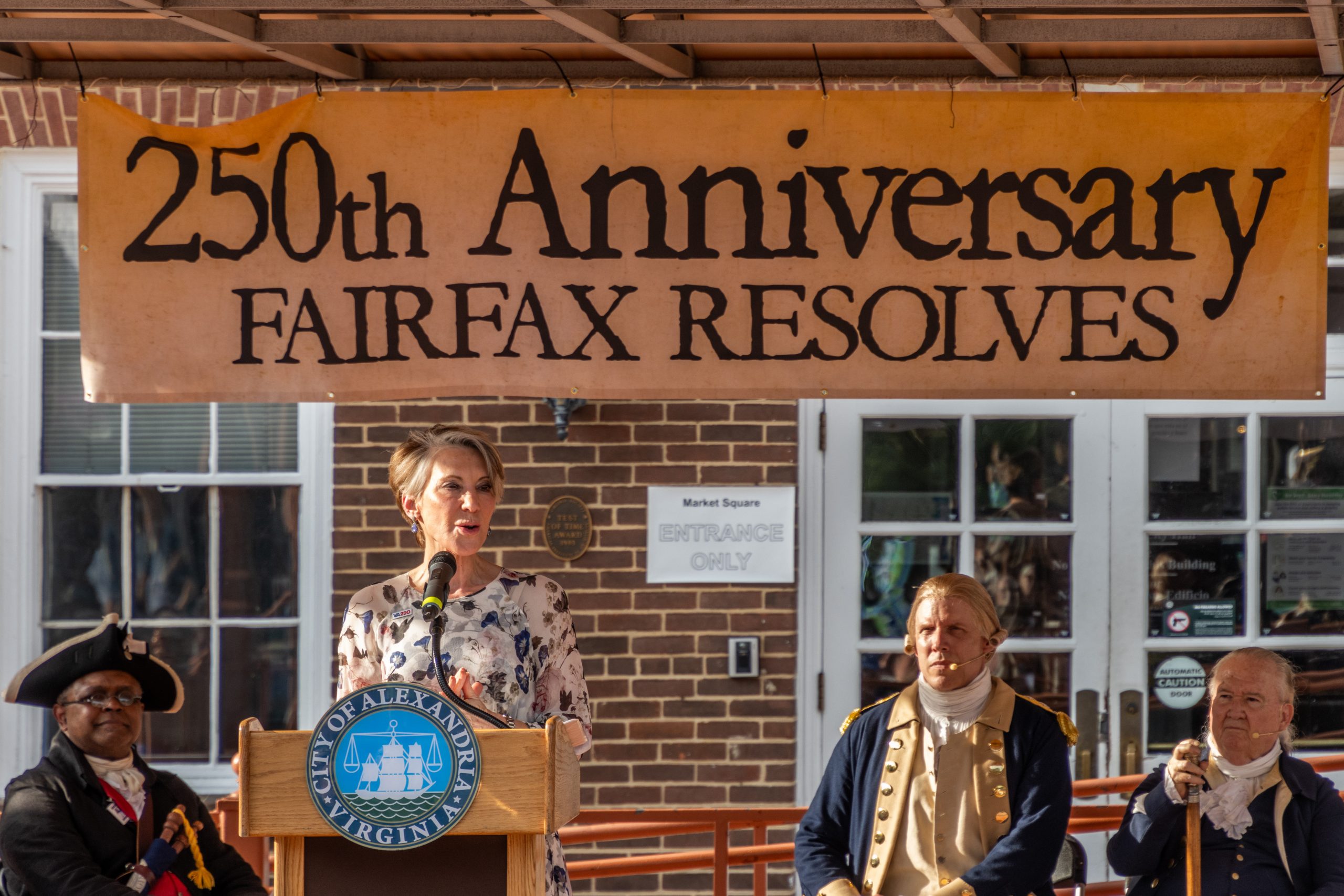 Carly Fiorina, Virginia's National Honorary Chairperson of the Virginia American Revolution 250 Commission, gives keynote remarks at an event in Alexandria. Photo by Jeff Hancock Photography.