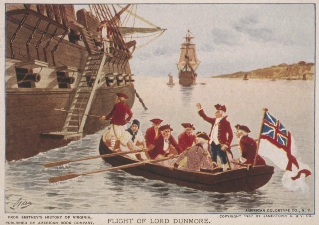 Lord Dunmore flees the Governor's Palace for a British warship in June, 1775. Ogden, artist, for the Jamestown Amusement & Vending Co., Inc., 1907. Library of Congress Prints & Photographs Division.